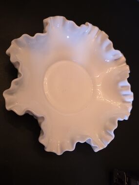Fenton Hobnail Milk Glass Ruffled Bowl – 7” – Post‑1970 Mark